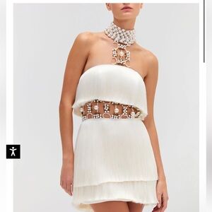 PATBO RUNWAY PEARL AND FRINGE HALTERNECK MINI DRESS